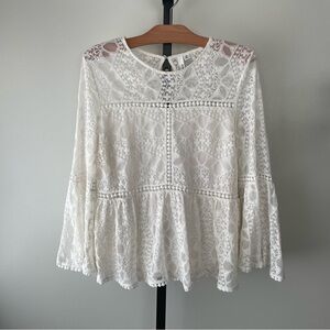 Ever New Lace Victorian Bell Sleeve Ruffle Blouse Top Boho Bohemian White Medium